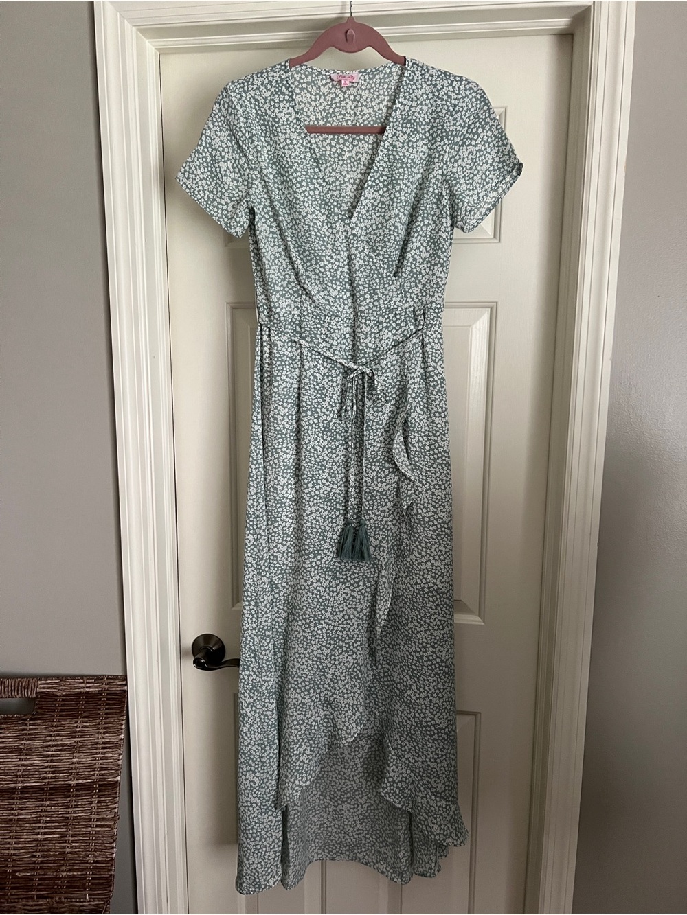 Pink Lily Sage Green Floral High-Low Wrap Dress